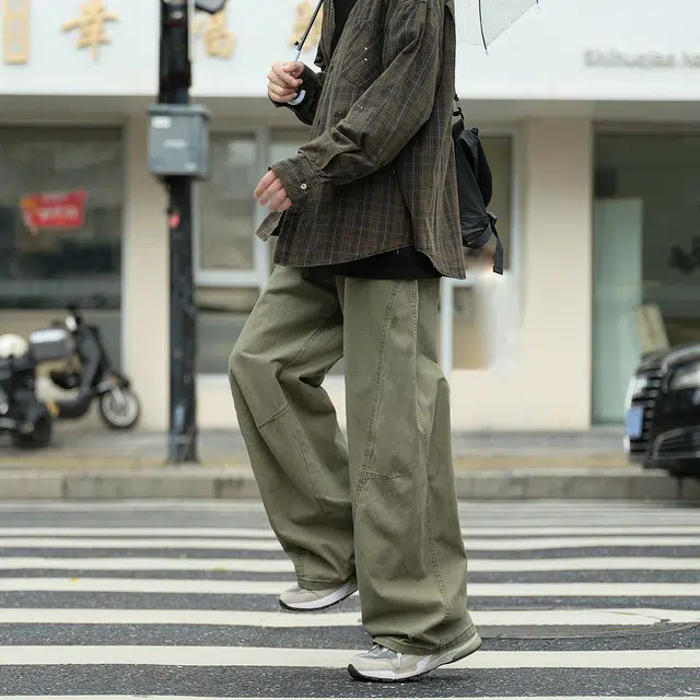 港仔文艺男 褶皱拼接解构户外运动直筒垂感日系阔腿工装裤宽松简约休闲裤 男女同款