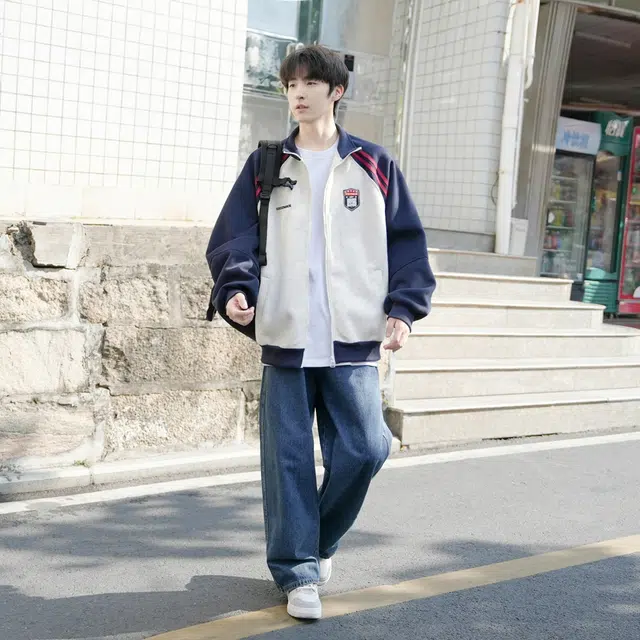 港仔文艺男 美式复古学院风开衫高级感拼接插肩袖条纹夹克外套 男女同款
