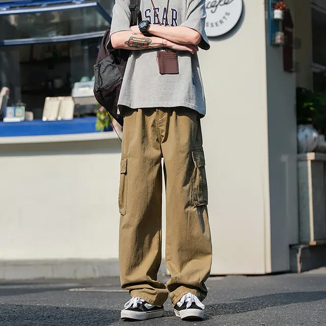港仔文艺男 拼接结构侧面口袋肤感户外运动垂感工装裤日系复古宽松百搭休闲裤 男女同款