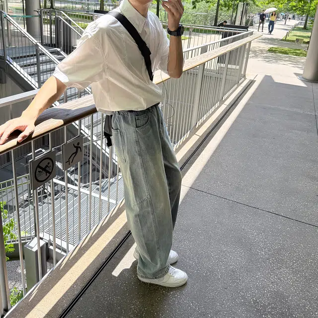 港仔文艺男 美式复古水洗做旧拼接解构休闲宽松垂感直筒裤阔腿百搭牛仔裤 男女同款