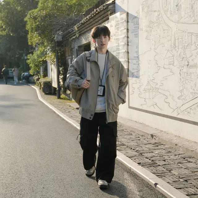 港仔文艺男 美式重磅工装飞行员立领小立扣设计多口袋金属拉链户外运动山系棒球服高街复古休闲百搭哈灵顿长袖夹克外套 男女同款