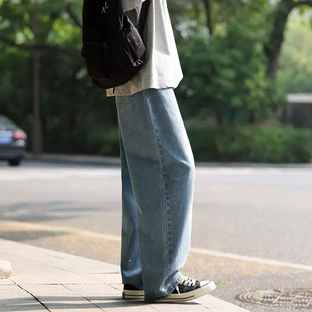 港仔文艺男 蓝色水洗纯色薄款垂感百搭美式高街直筒裤休闲宽松阔腿牛仔裤 男女同款