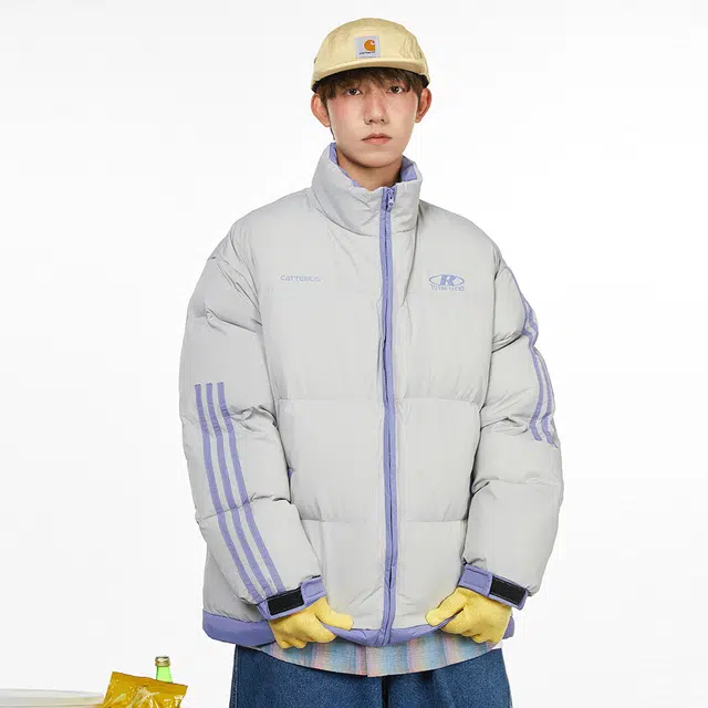 港仔文艺男 条纹撞色学院风立领棉服冬季宽松加厚保暖面包服外套 男女同款