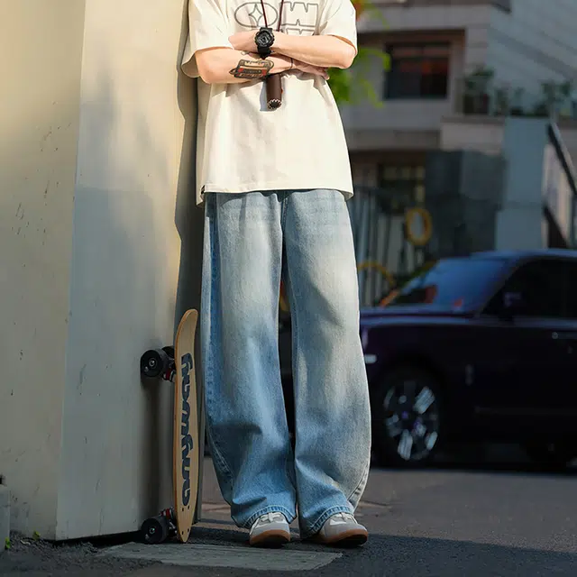 港仔文艺男 日系休闲水洗做旧渐变复古百搭垂感百搭直筒长裤牛仔裤 男女同款