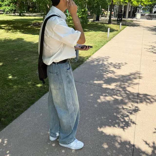 港仔文艺男 美式复古水洗做旧拼接解构休闲宽松垂感直筒裤阔腿百搭牛仔裤 男女同款