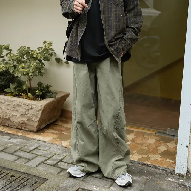 港仔文艺男 褶皱拼接解构户外运动直筒垂感日系阔腿工装裤宽松简约休闲裤 男女同款