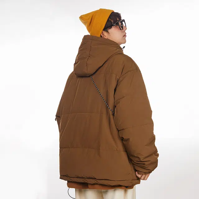 港仔文艺男 复古纯色多拉链休闲保暖连帽棉服 男女同款