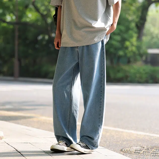 港仔文艺男 蓝色水洗纯色薄款垂感百搭美式高街直筒裤休闲宽松阔腿牛仔裤 男女同款