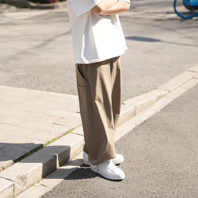 港仔文艺男 拼接解构侧面口袋设计褶皱薄款速干纯色垂感日系百搭直筒工装裤宽松束腿休闲裤 男女同款