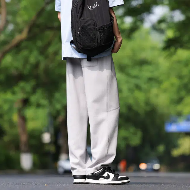 港仔文艺男 拼接明线设计纯色垂感日系百搭空气层运动卫裤宽松直筒抽绳阔腿休闲裤 男女同款