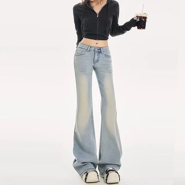帝狼牛 美式高腰垂感微喇辣妹拖地裤牛仔裤 女款