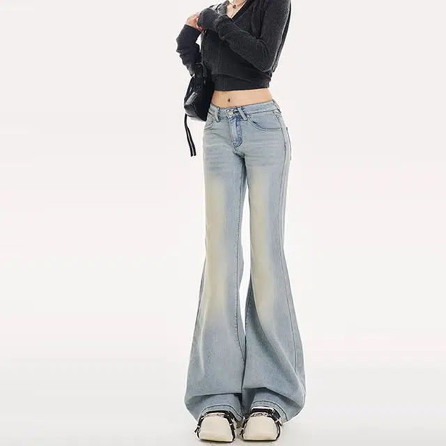帝狼牛 美式高腰垂感微喇辣妹拖地裤牛仔裤 女款