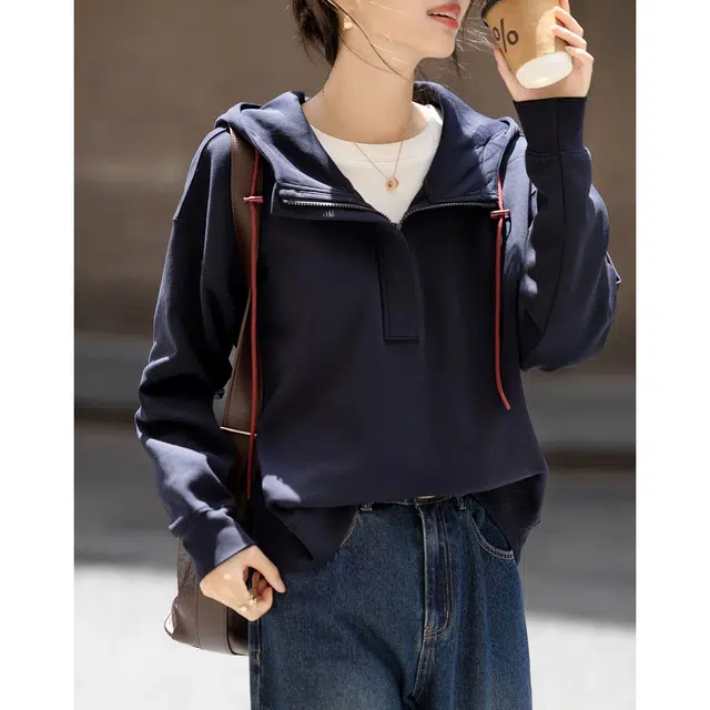 【dme】 秋季连帽半开襟拉链宽松小个子舒适休闲时尚百搭显瘦简约慵懒运动卫衣 女款