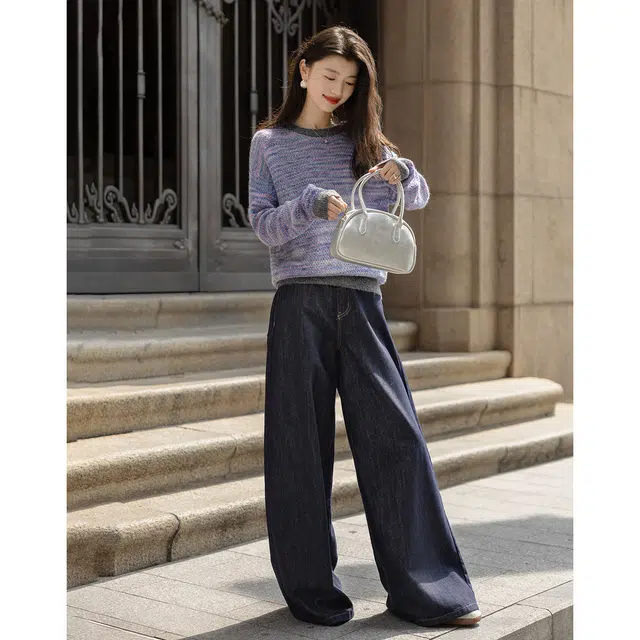 【dme】 冬季段染纱线撞色圆领线衫条纹宽松秋季长袖上衣复古舒适柔软慵懒风花边装饰时尚简约百搭休闲针织衫 女款