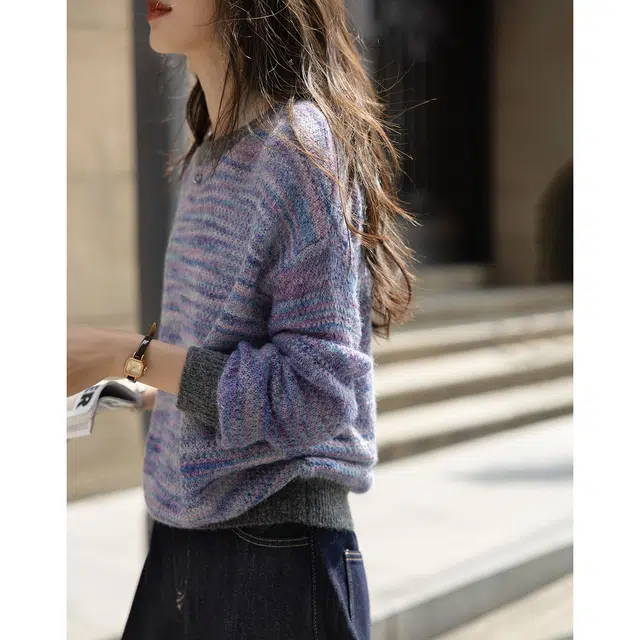 【dme】 冬季段染纱线撞色圆领线衫条纹宽松秋季长袖上衣复古舒适柔软慵懒风花边装饰时尚简约百搭休闲针织衫 女款