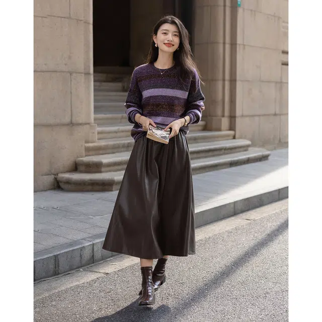 【dme】 冬季含绵羊毛线衫复古圆领拼色短款条纹亮丝长袖保暖上衣宽松时尚个性柔软舒适氛围感温柔显瘦潮流百搭休闲针织衫 女款