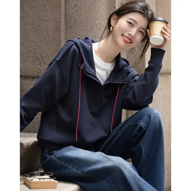 【dme】 秋季连帽半开襟拉链宽松小个子舒适休闲时尚百搭显瘦简约慵懒运动卫衣 女款