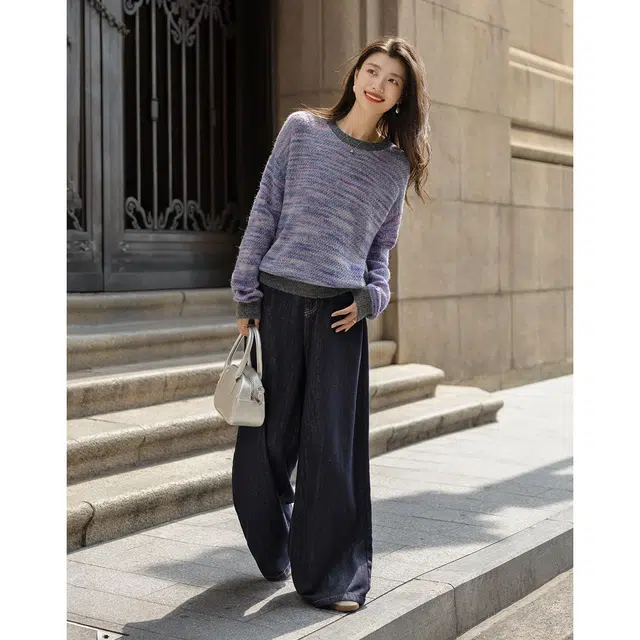 【dme】 冬季段染纱线撞色圆领线衫条纹宽松秋季长袖上衣复古舒适柔软慵懒风花边装饰时尚简约百搭休闲针织衫 女款