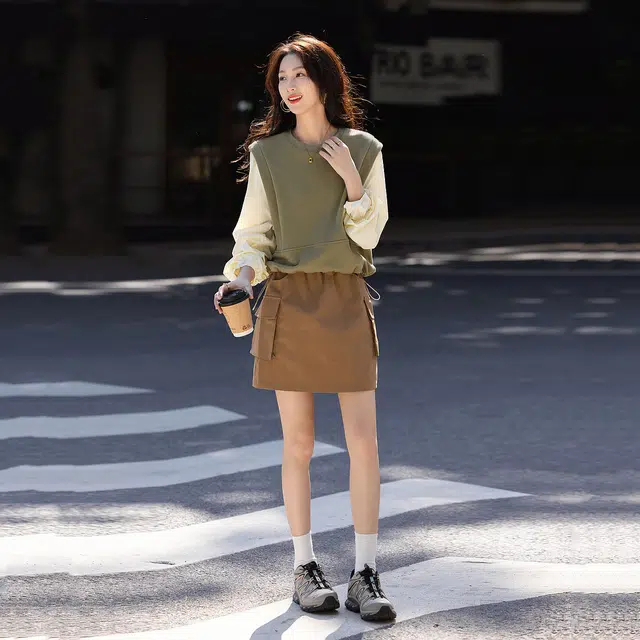 【dme】 简约撞色圆领套头长袖卫衣 女款 茶绿