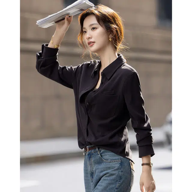 【dme】 冬季复古风保暖磨毛设计感口袋宽松衬衣秋冬长袖上衣简约舒适柔软百搭休闲时尚潮流韩系减龄修身温柔知性高级感衬衫 女款