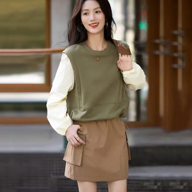 【dme】 简约撞色圆领套头长袖卫衣 女款 茶绿