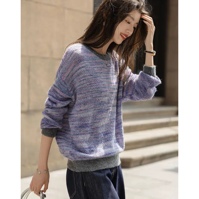 【dme】 冬季段染纱线撞色圆领线衫条纹宽松秋季长袖上衣复古舒适柔软慵懒风花边装饰时尚简约百搭休闲针织衫 女款