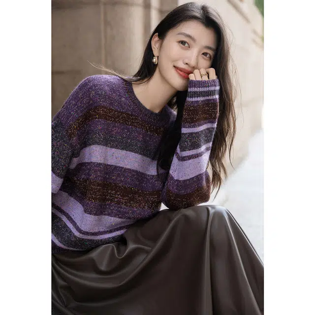 【dme】 冬季含绵羊毛线衫复古圆领拼色短款条纹亮丝长袖保暖上衣宽松时尚个性柔软舒适氛围感温柔显瘦潮流百搭休闲针织衫 女款