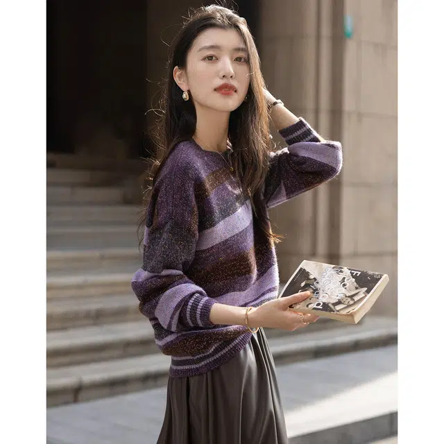 【dme】 冬季含绵羊毛线衫复古圆领拼色短款条纹亮丝长袖保暖上衣宽松时尚个性柔软舒适氛围感温柔显瘦潮流百搭休闲针织衫 女款