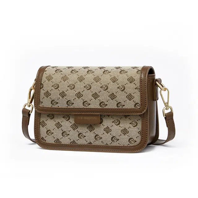 红蜻蜓 时尚小众百搭潮流高级感印花休闲感 织物拼超细纤维合成革 斜挎包 女款 咖啡色