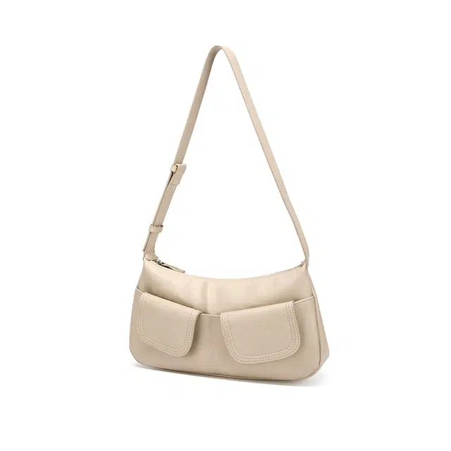 红蜻蜓 高级感学院风通勤百多口袋包工装潮流 牛皮 单肩包 女款 咖啡色/米白色