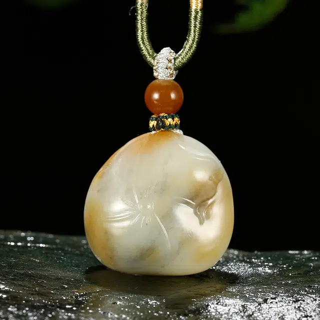 玉说 国潮荷花 糖白青花三色芙蓉花开 和田玉项链 白玉/青白玉 男女同款情侣款