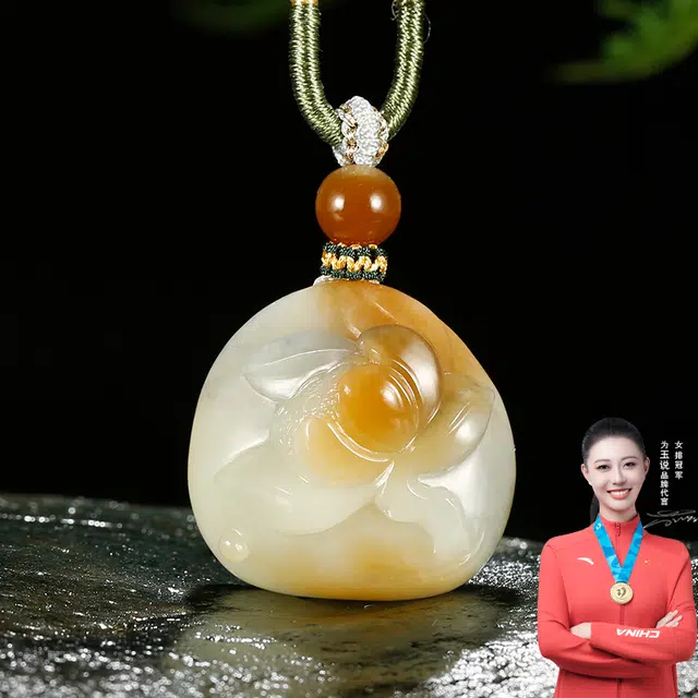 玉说 国潮荷花 糖白青花三色芙蓉花开 和田玉项链 白玉/青白玉 男女同款情侣款