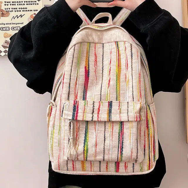 巴朗熊 彩虹条纹轻便日系百搭大学生休闲小众高中 布料 书包背包双肩包 女款 彩虹色