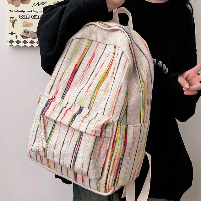 巴朗熊 彩虹条纹轻便日系百搭大学生休闲小众高中 布料 书包背包双肩包 女款 彩虹色