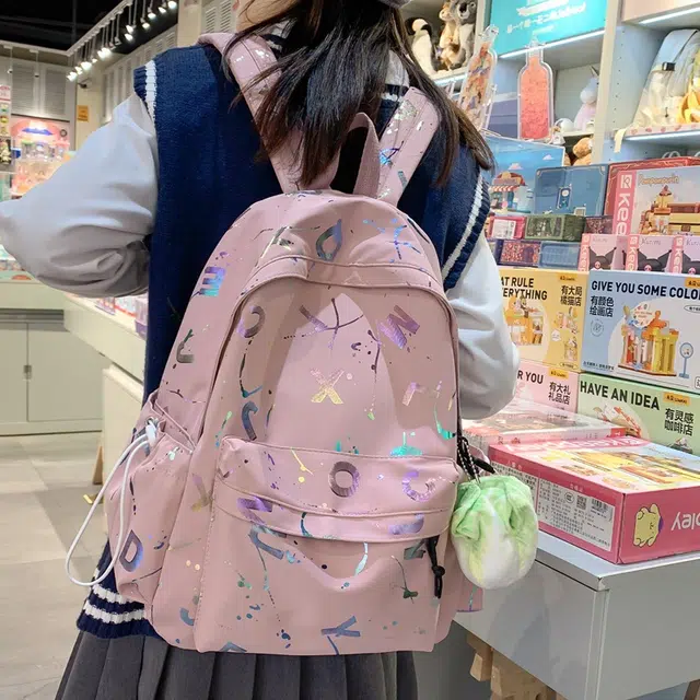 巴朗熊 日系字母印花校园百搭小清新 双肩包 女款 尼龙 粉色/白色/绿色/黑色