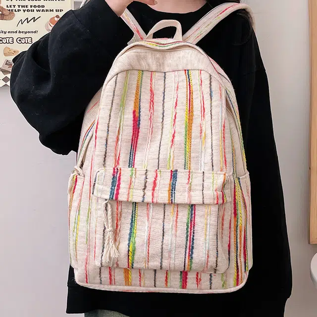 巴朗熊 彩虹条纹轻便日系百搭大学生休闲小众高中 布料 书包背包双肩包 女款 彩虹色
