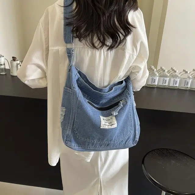 巴朗熊 百搭简约单肩包休闲通勤托特包 牛仔 斜挎包 常规 男女同款情侣款