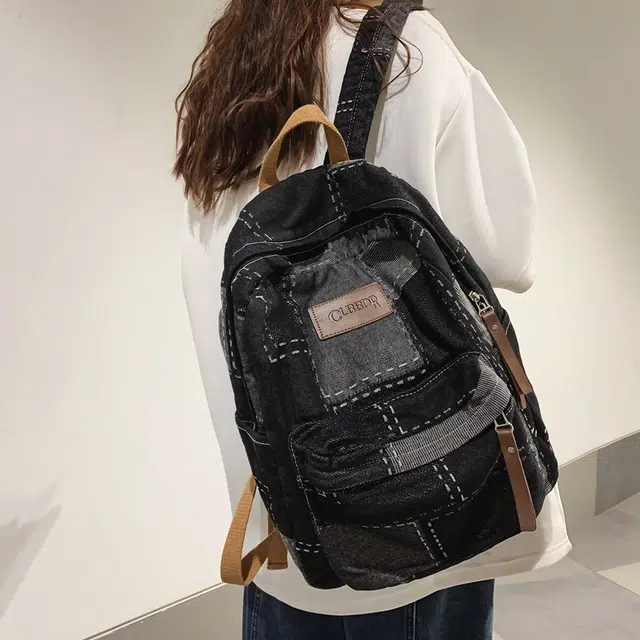 巴朗熊  蓝靛染土布拼接蓝染双肩包男女潮流做旧复古风水洗牛仔布出游背包