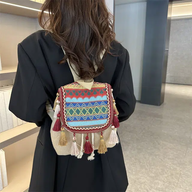 巴朗熊 民族风大容量流苏百搭休闲 帆布 背包双肩包 常规 女款 蓝色/红色/桔色