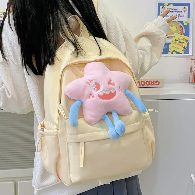 巴朗熊  可爱星星双肩包日系百搭大容量纯色尼龙书包高中大学生少女背包女 黄色/粉色/米白色/红色/黑色