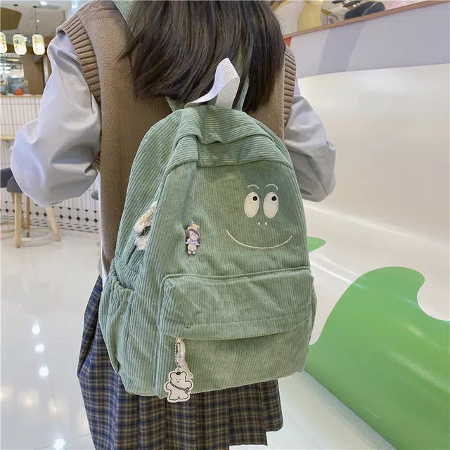 巴朗熊  灯芯绒书包女学生韩版初中高中少女心可爱森系简约校园双肩包 男女同款情侣款 多色