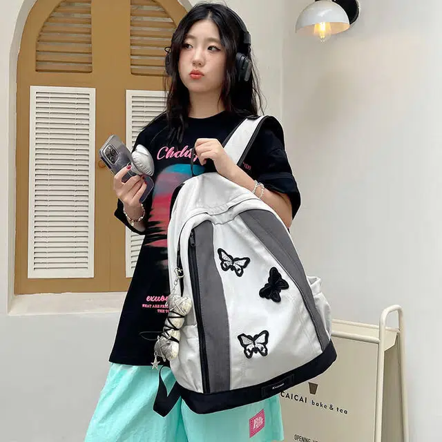 巴朗熊  韩版暗黑系蝴蝶小众设计多功能 双肩包背包 女款 浅灰色/深灰色