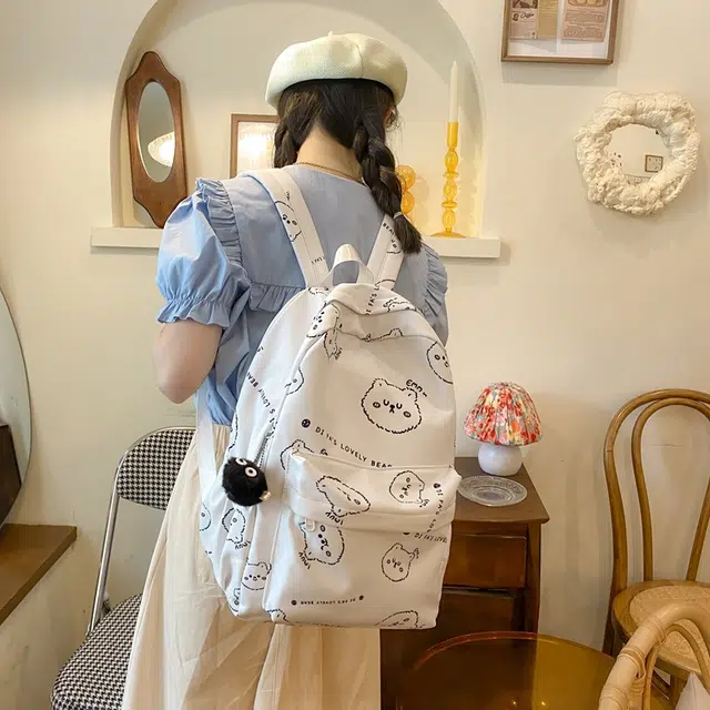 巴朗熊 卡通熊印花学院风尼龙小清新学生简约日系休闲大容量 尼龙 书包背包双肩包 常规 男女同款情侣款 白色/粉色/黑色