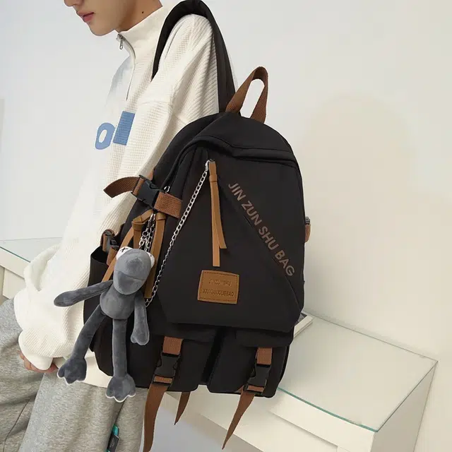 巴朗熊 古着感拉链开合韩版简约 双肩包 尼龙 男女通用 黑色/绿色/白色/蓝色