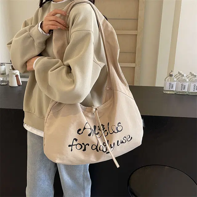 巴朗熊 小众设计早八通勤褶皱 帆布 帆布包单肩包 男女同款情侣款 卡其色/粉色/绿色/黑色