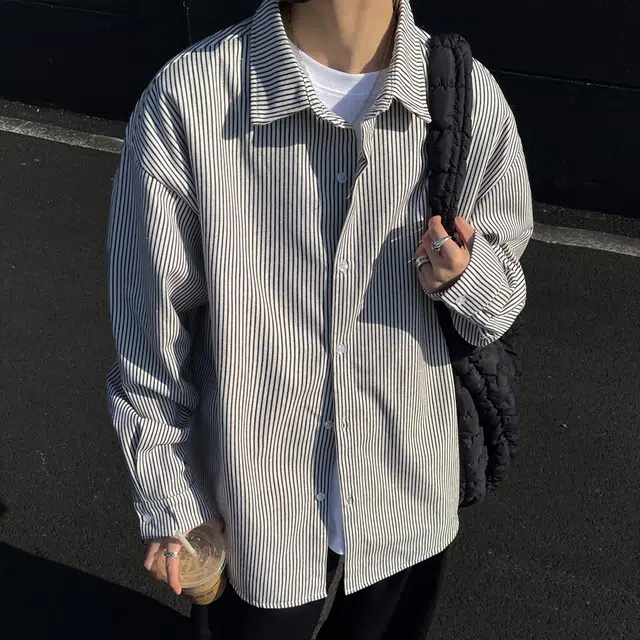 潮牌美式复古学院风简约基础款条纹重磅宽松长袖单排扣翻领痞帅百搭落肩少年感上衣时尚潮流透气休闲衬衫 男女同款