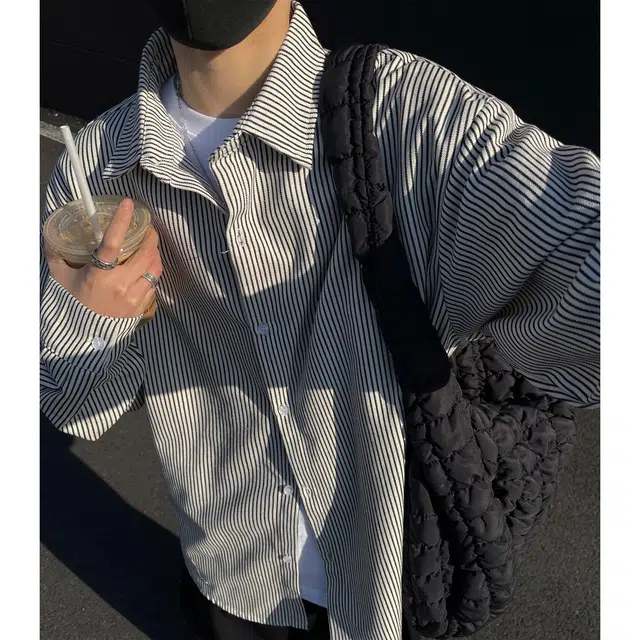潮牌美式复古学院风简约基础款条纹重磅宽松长袖单排扣翻领痞帅百搭落肩少年感上衣时尚潮流透气休闲衬衫 男女同款
