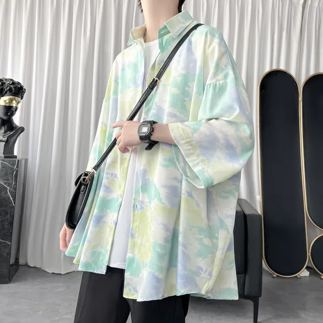 费尔岛上的猫 美式潮牌冰丝扎染渐变学院风慵懒透气宽松百搭夏季短袖衬衫 男女同款
