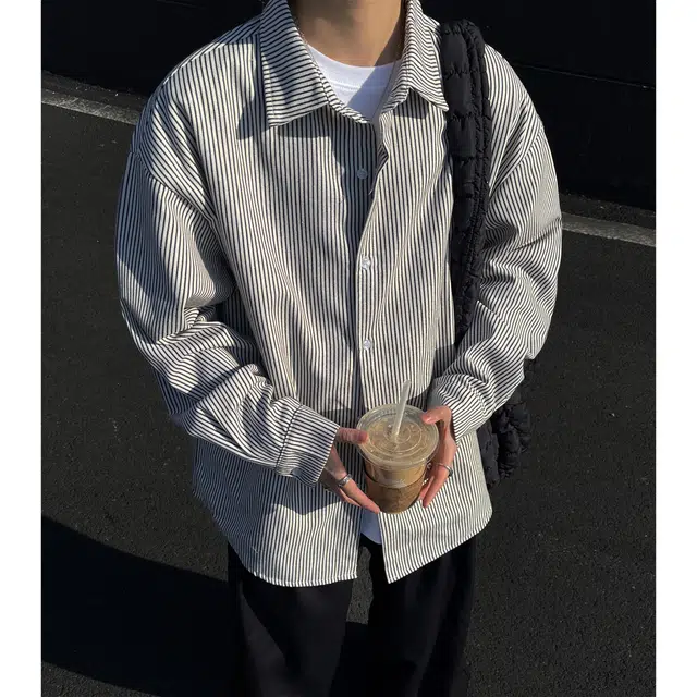 潮牌美式复古学院风简约基础款条纹重磅宽松长袖单排扣翻领痞帅百搭落肩少年感上衣时尚潮流透气休闲衬衫 男女同款