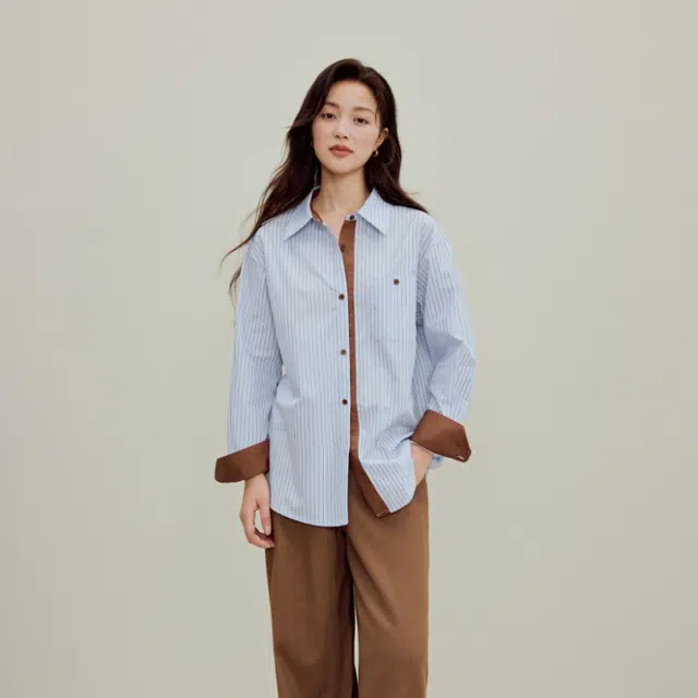 茵曼 优雅撞色条纹落肩长袖衬衫 女款